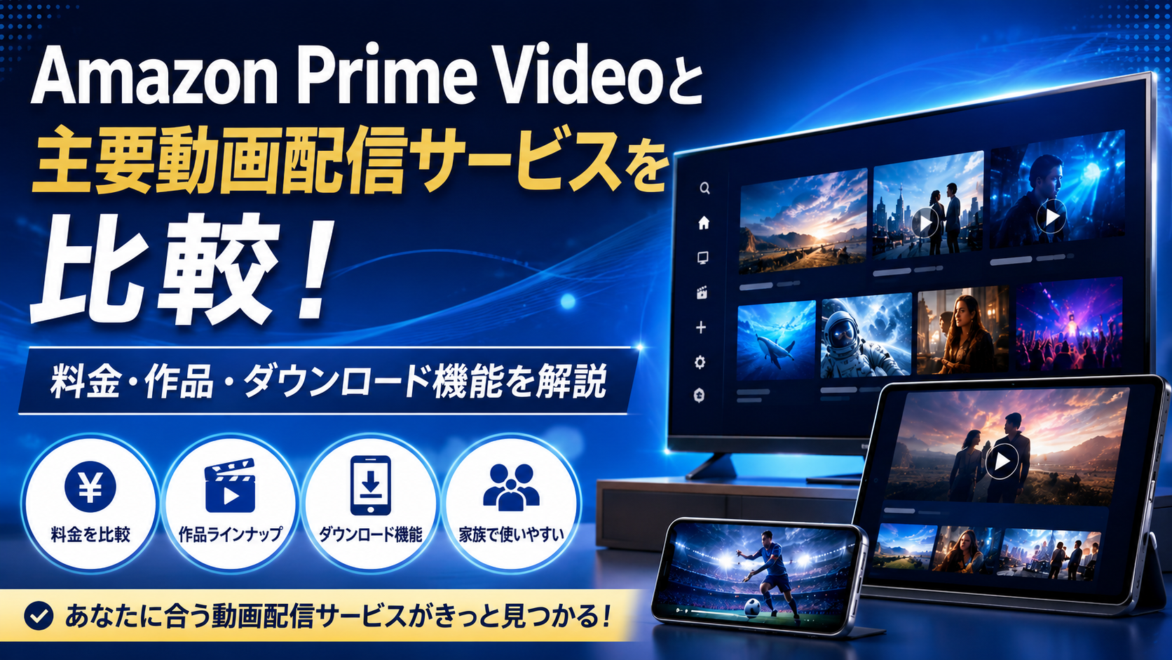Amazon Prime Videoと主要動画配信サービスを比較！料金・作品・ダウンロード機能を解説